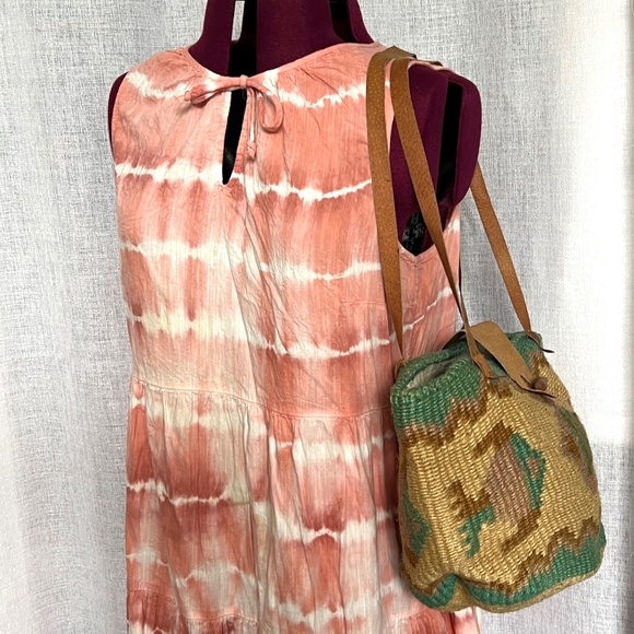 Sisal Large Tote Market Bag Basket Woven Leather Handles Fish Pattern Green Tan - Picture 9 of 10